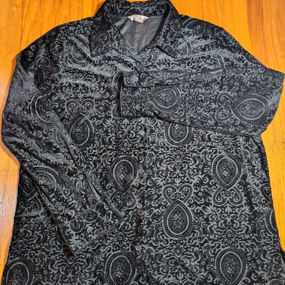 Womens Black Velvet Burnout Paisley Print Button Down Shirt XL 16 18 whimsigoth - Picture 2 of 9